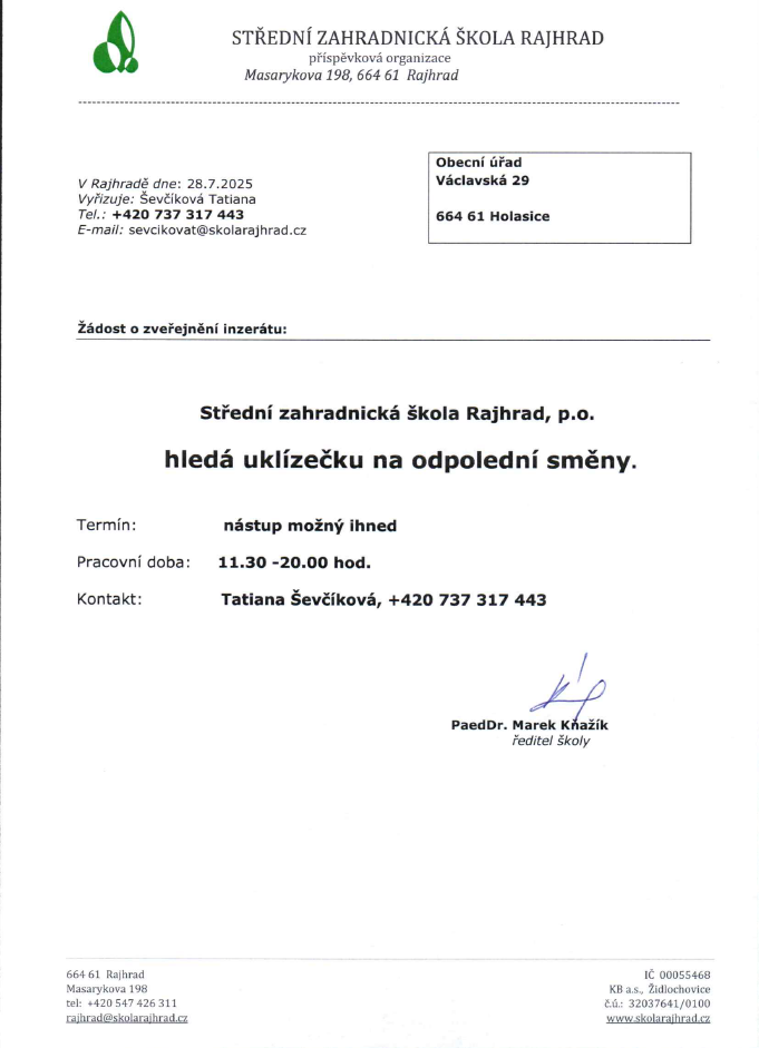 Nabídka práce Střední zahradnická škola Rajhrad