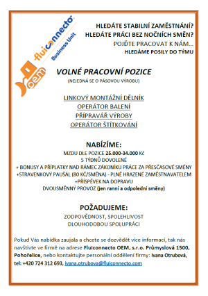 Nabídka práce - firma Fluiconnecto OEM, s.r.o.